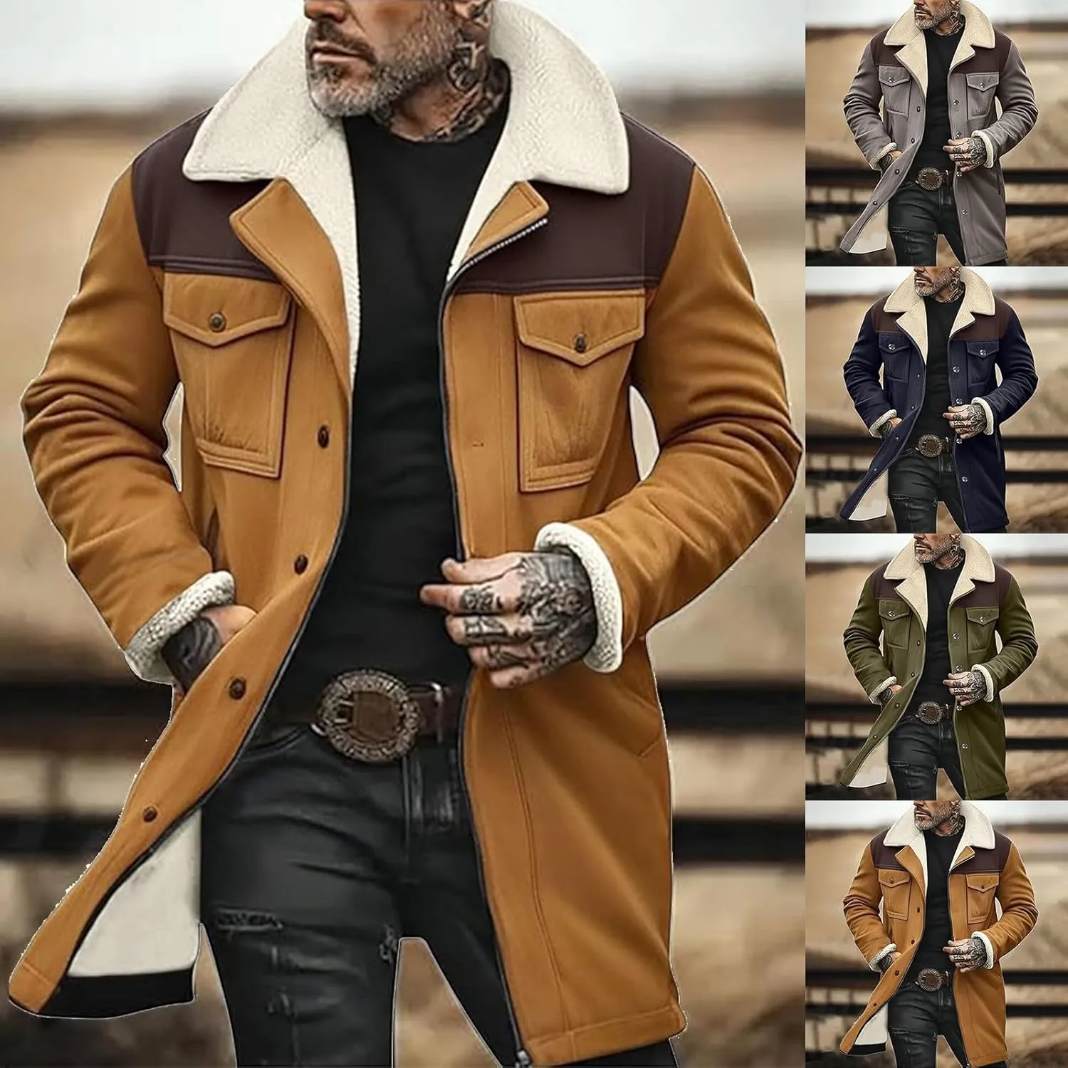 Suede Leather Jacket Men Winter Fur Shearling Duster Coat Retro Faux Leather Fleece Motorcycle Trucker Western Jacket