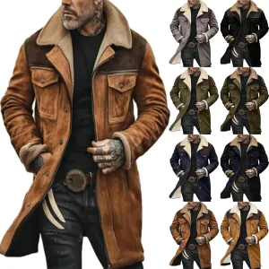Suede Leather Jacket Men Winter Fur Shearling Duster Coat Retro Faux Leather Fleece Motorcycle Trucker Western Jacket