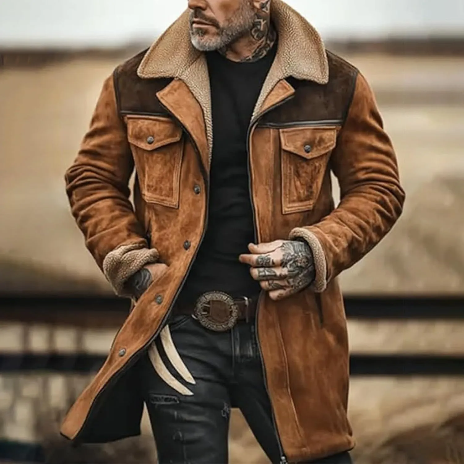 Suede Leather Jacket Men Winter Fur Shearling Duster Coat Retro Faux Leather Fleece Motorcycle Trucker Western Jacket