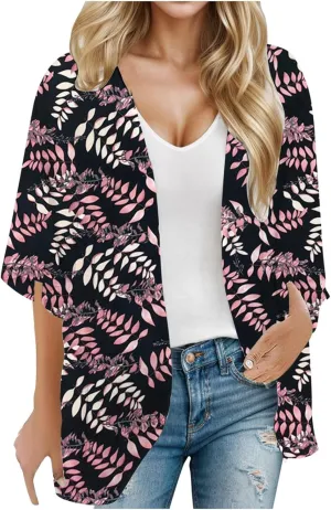 Summer Womens Floral Printed Puff Sleeve Chiffon Kimono Cardigan Loose Cover Up Knitted Cardigan Sweaters for