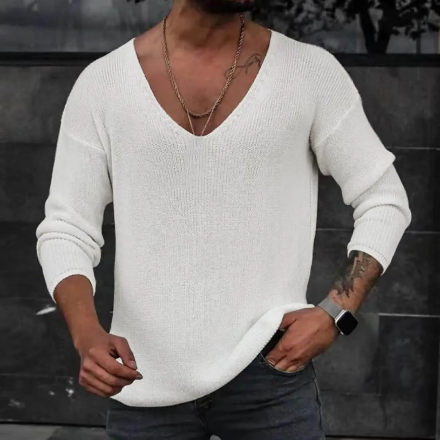 Sweater Tops for Men, V Neck Long Sleeve Knitted Lightweight Sweaters Autumn Solid Vintage Active Sportswear
