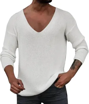 Sweater Tops for Men, V Neck Long Sleeve Knitted Lightweight Sweaters Autumn Solid Vintage Active Sportswear