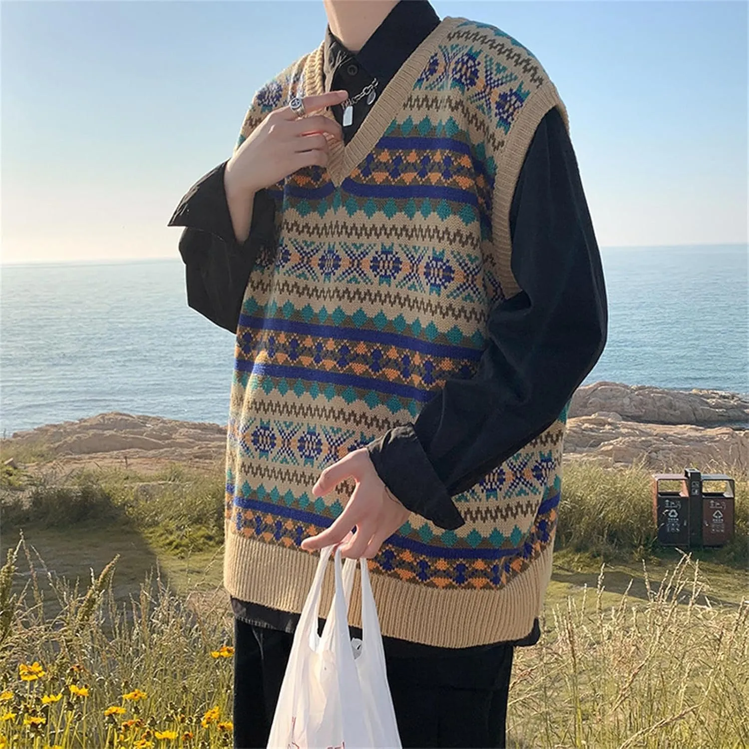 Sweater Vest Men Aztec Graphic V Neck Fall Casual Pullover Sleeveless Fashion Tops Comfort Soft Sweaters