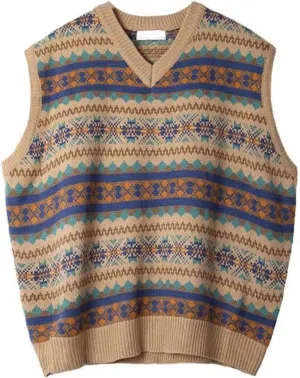 Sweater Vest Men Aztec Graphic V Neck Fall Casual Pullover Sleeveless Fashion Tops Comfort Soft Sweaters