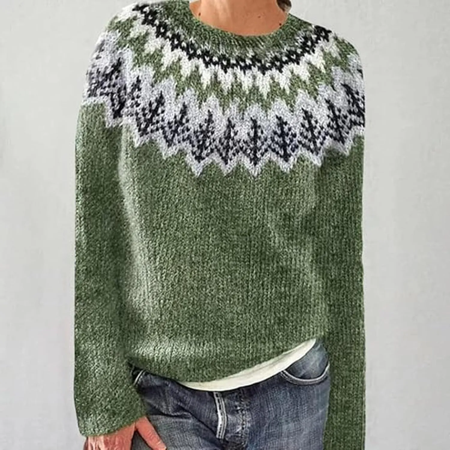 Sweaters for Women Fair Isle Knitted Sweaters Holiday Pullover Sweaters Crewneck Long Sleeve Striped Knitted Tops