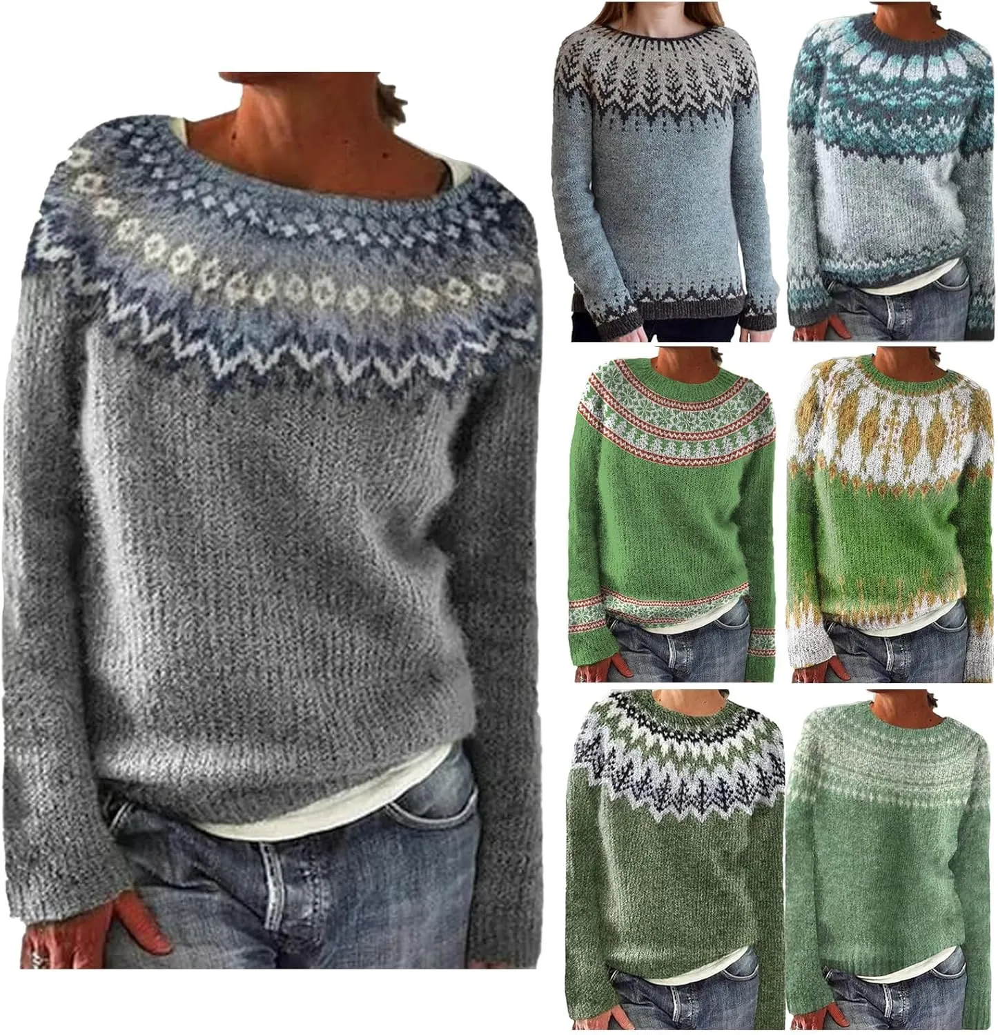 Sweaters for Women Fair Isle Knitted Sweaters Holiday Pullover Sweaters Crewneck Long Sleeve Striped Knitted Tops