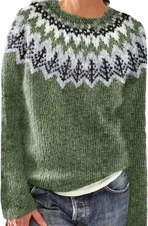 Sweaters for Women Fair Isle Knitted Sweaters Holiday Pullover Sweaters Crewneck Long Sleeve Striped Knitted Tops