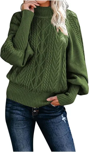 Sweaters Tops for Women Crew Neck Long Lantern Sleeve Casual Loose Ribbed Knit Solid Soft Pullover Sweaters