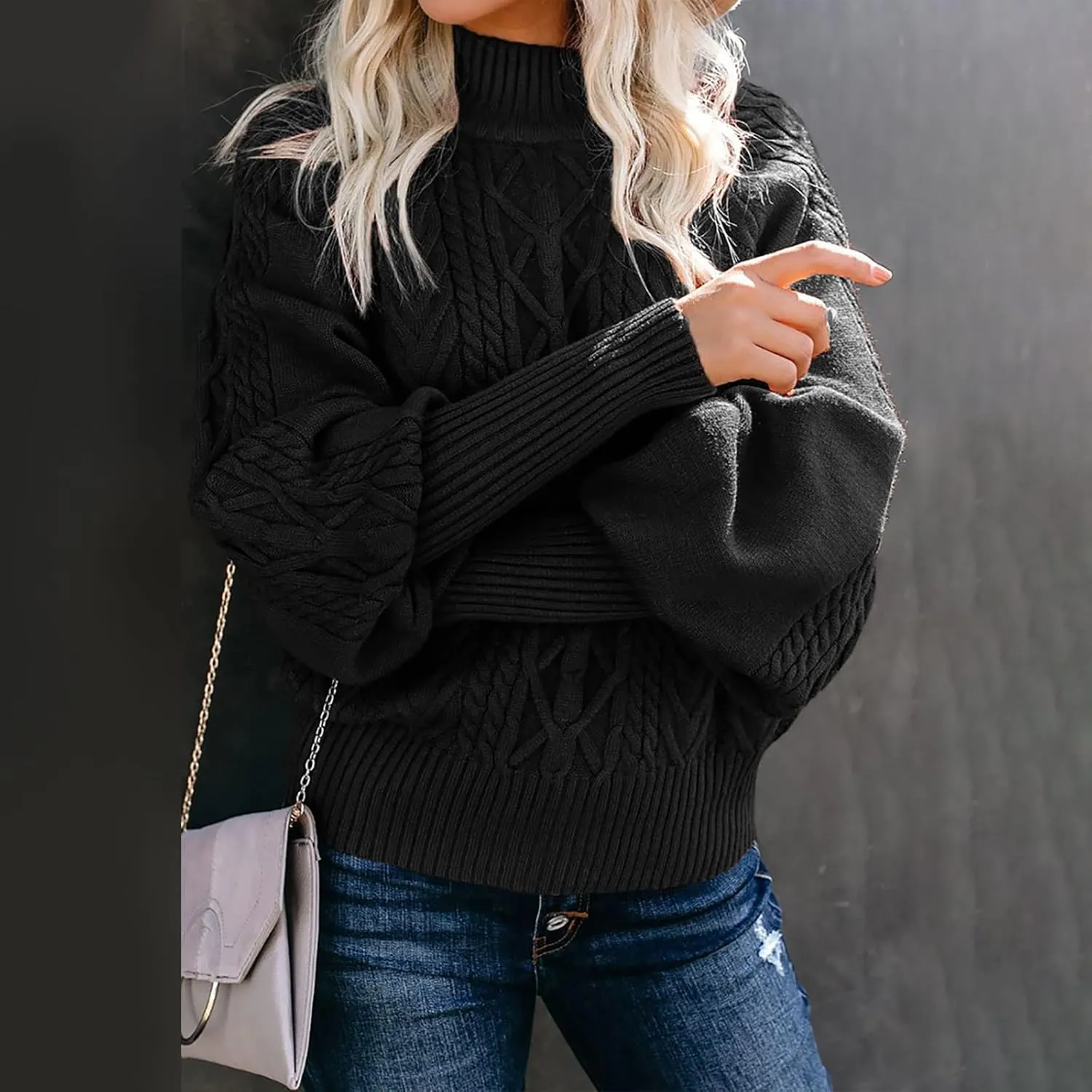 Sweaters Tops for Women Crew Neck Long Lantern Sleeve Casual Loose Ribbed Knit Solid Soft Pullover Sweaters