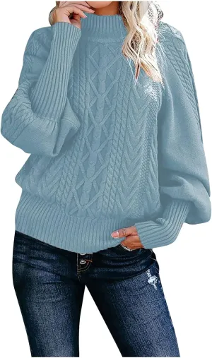 Sweaters Tops for Women Crew Neck Long Lantern Sleeve Casual Loose Ribbed Knit Solid Soft Pullover Sweaters