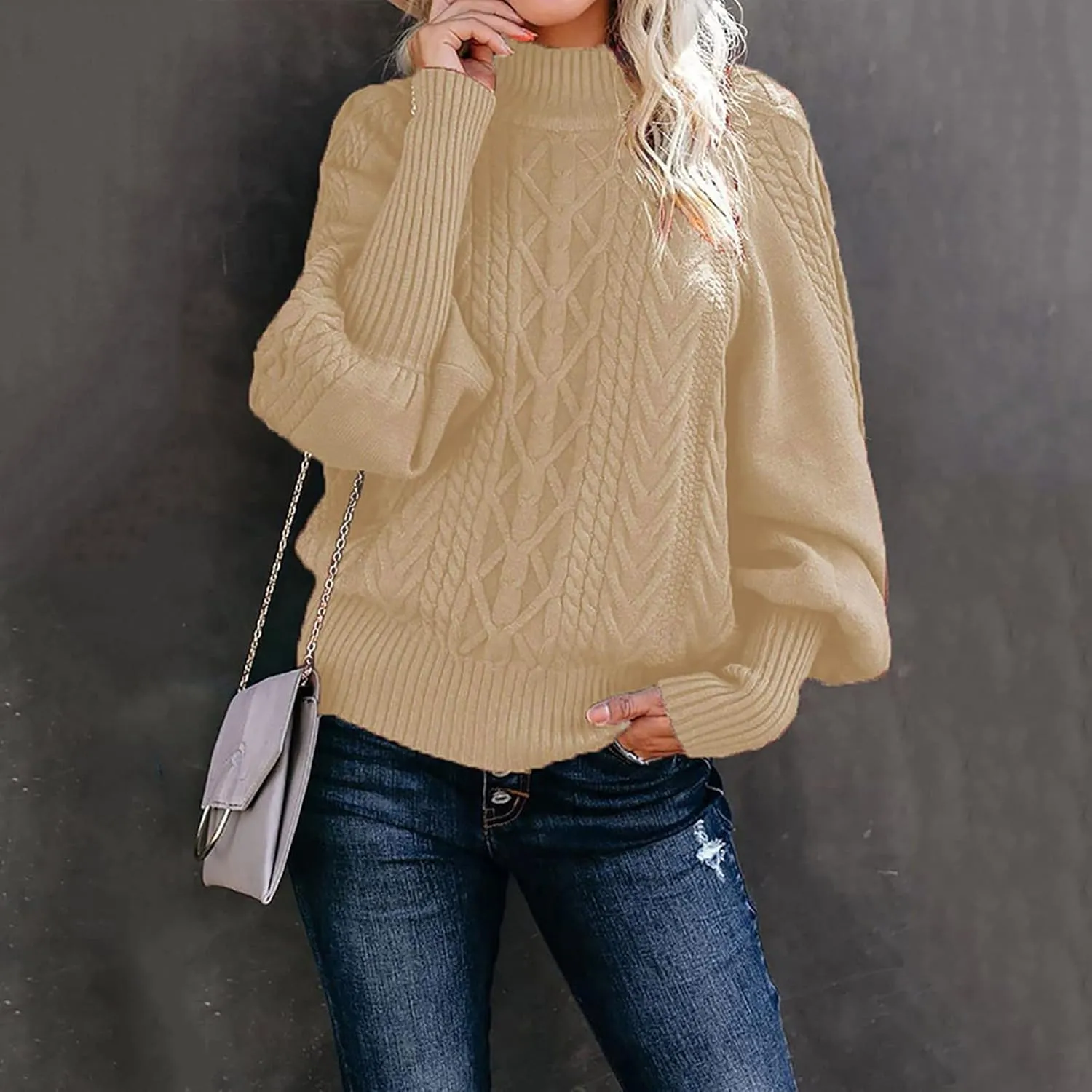 Sweaters Tops for Women Crew Neck Long Lantern Sleeve Casual Loose Ribbed Knit Solid Soft Pullover Sweaters