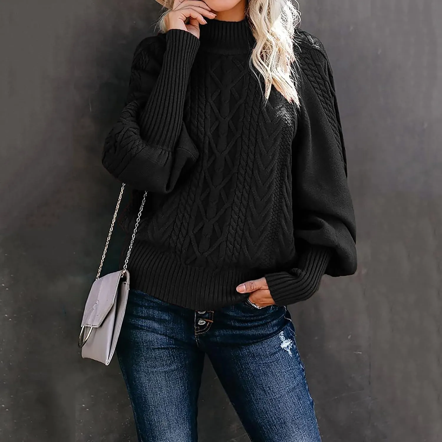 Sweaters Tops for Women Crew Neck Long Lantern Sleeve Casual Loose Ribbed Knit Solid Soft Pullover Sweaters