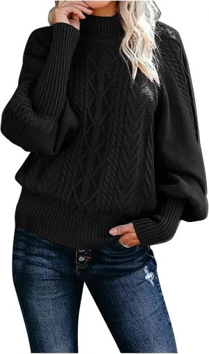 Sweaters Tops for Women Crew Neck Long Lantern Sleeve Casual Loose Ribbed Knit Solid Soft Pullover Sweaters