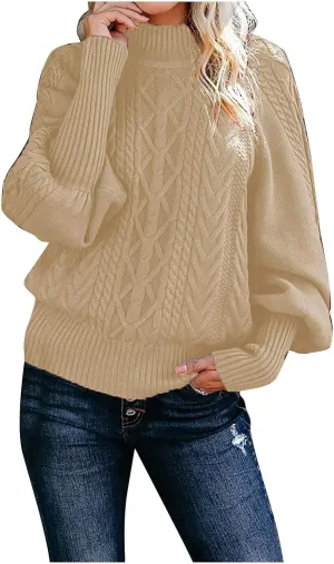 Sweaters Tops for Women Crew Neck Long Lantern Sleeve Casual Loose Ribbed Knit Solid Soft Pullover Sweaters