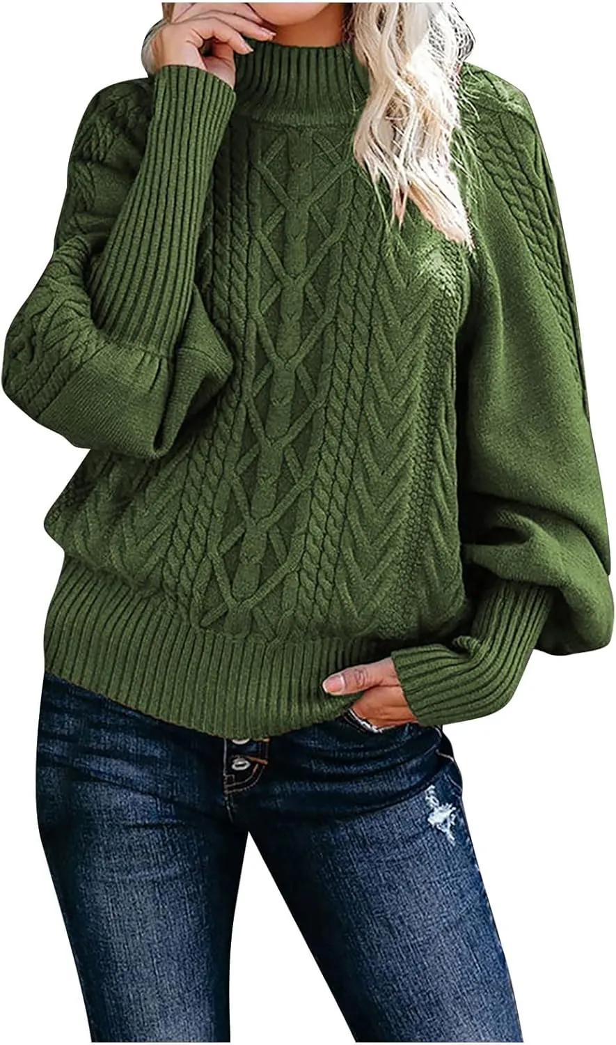 Sweaters Tops for Women Crew Neck Long Lantern Sleeve Casual Loose Ribbed Knit Solid Soft Pullover Sweaters
