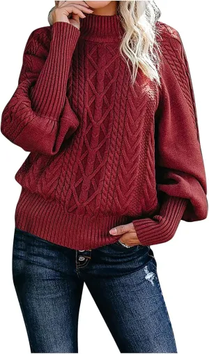 Sweaters Tops for Women Crew Neck Long Lantern Sleeve Casual Loose Ribbed Knit Solid Soft Pullover Sweaters