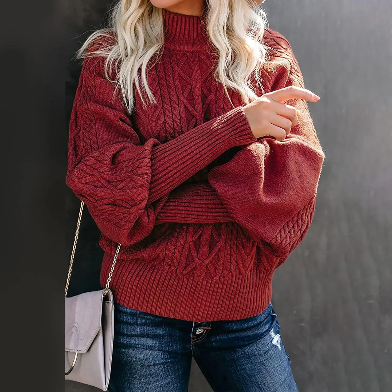Sweaters Tops for Women Crew Neck Long Lantern Sleeve Casual Loose Ribbed Knit Solid Soft Pullover Sweaters