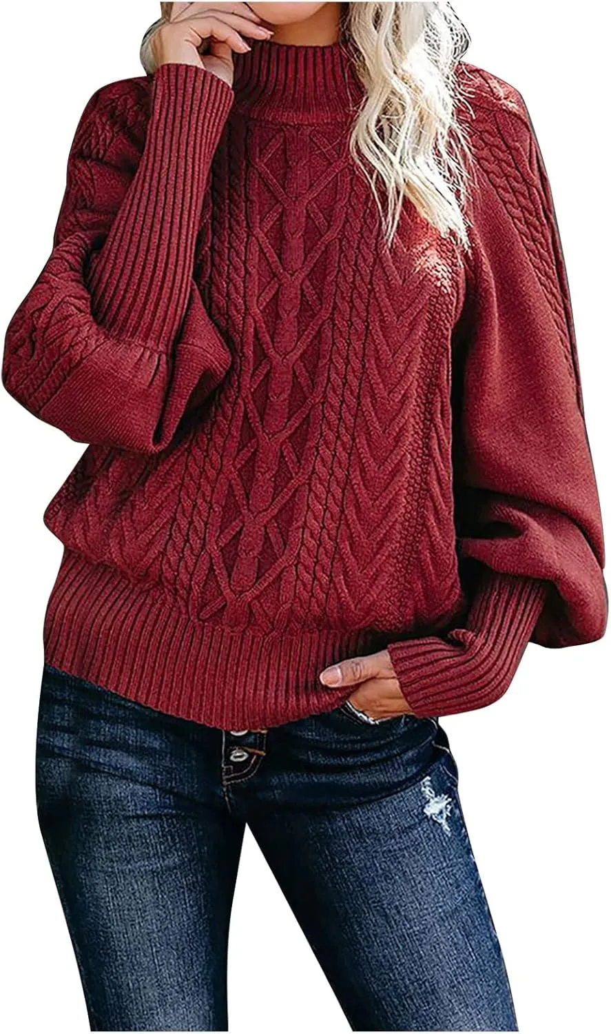 Sweaters Tops for Women Crew Neck Long Lantern Sleeve Casual Loose Ribbed Knit Solid Soft Pullover Sweaters