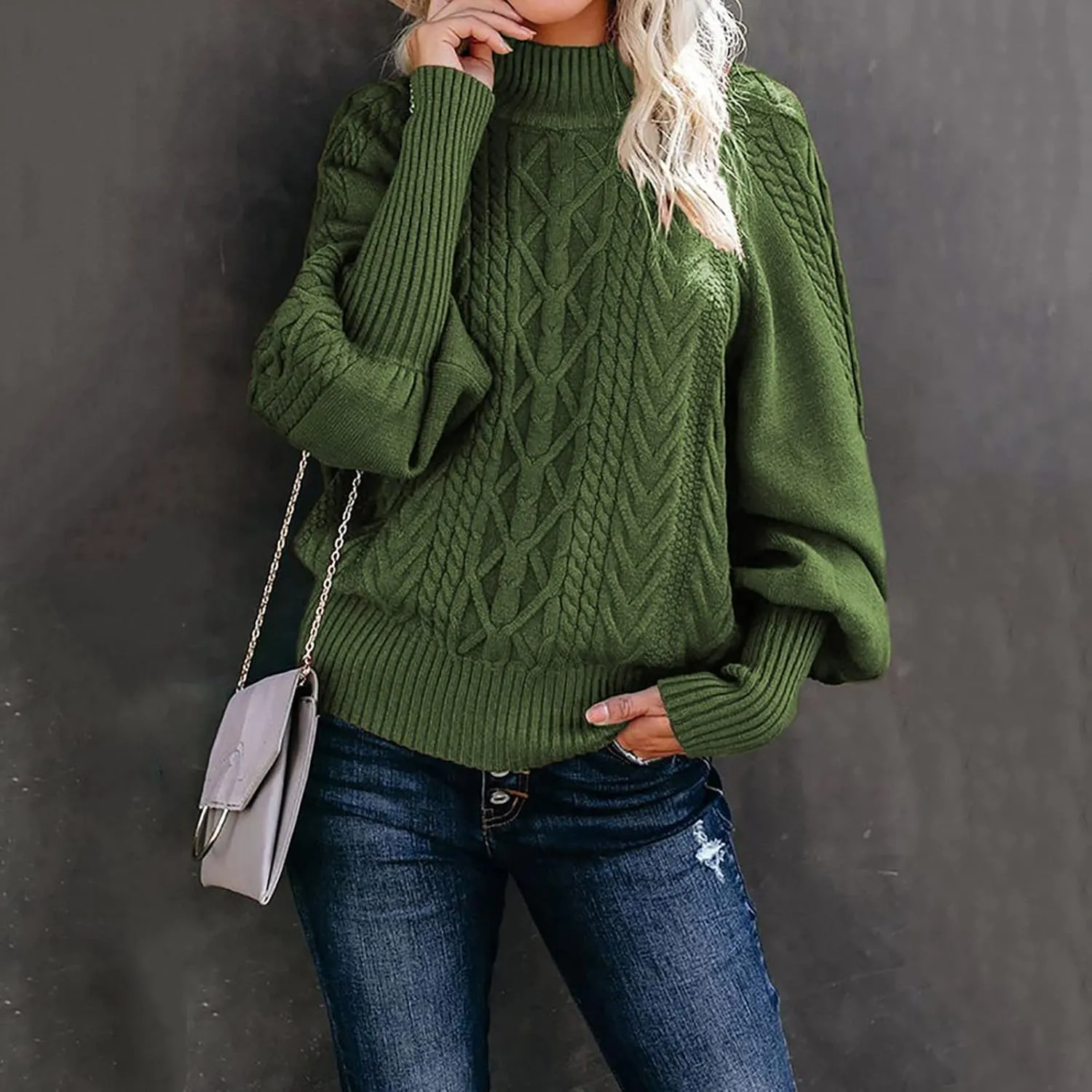 Sweaters Tops for Women Crew Neck Long Lantern Sleeve Casual Loose Ribbed Knit Solid Soft Pullover Sweaters