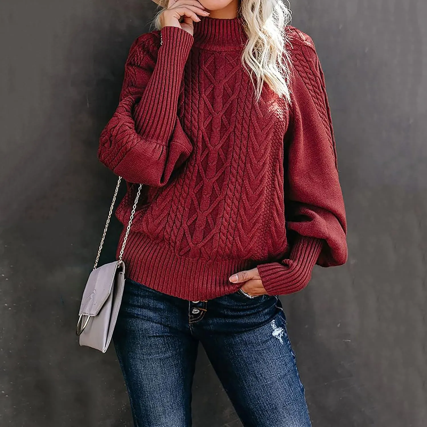 Sweaters Tops for Women Crew Neck Long Lantern Sleeve Casual Loose Ribbed Knit Solid Soft Pullover Sweaters