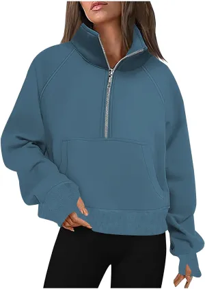Sweatshirt For Women Half Zip Cropped Pullover With Thumb Hole Fleece Quarter Zipper Hoodies Oversized Sweatshirts