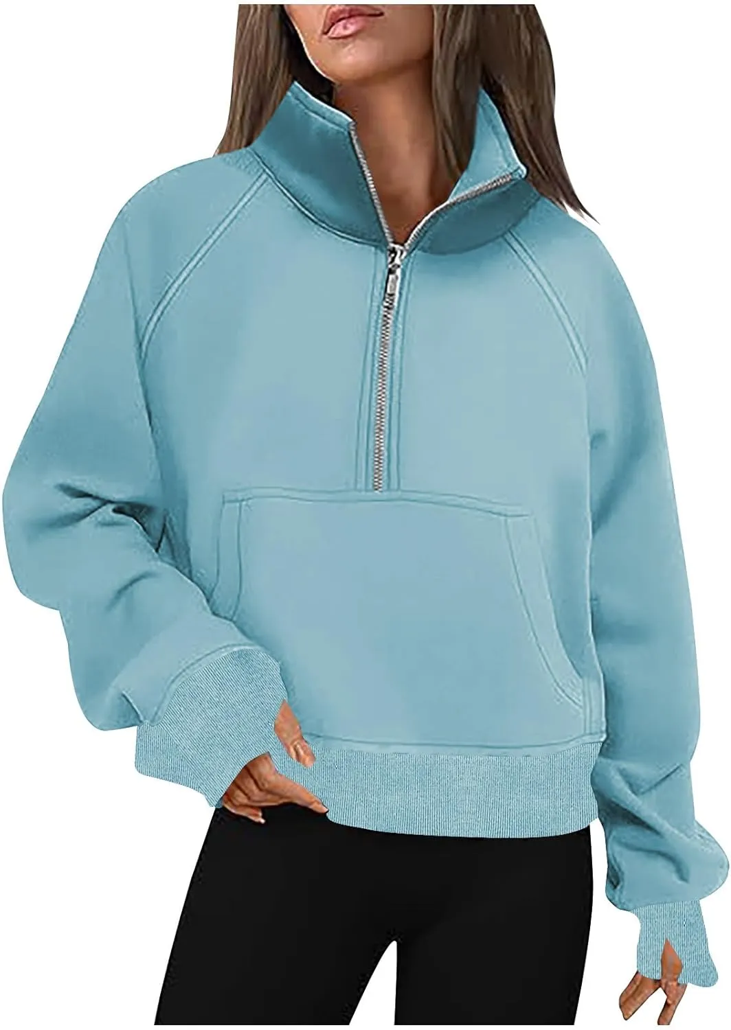 Sweatshirt For Women Half Zip Cropped Pullover With Thumb Hole Fleece Quarter Zipper Hoodies Oversized Sweatshirts