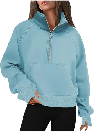 Sweatshirt For Women Half Zip Cropped Pullover With Thumb Hole Fleece Quarter Zipper Hoodies Oversized Sweatshirts