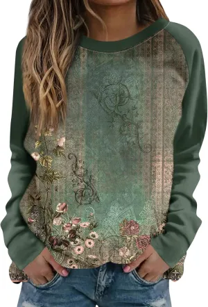 Sweatshirts for Women Crewneck Long Sleeve Vintage Sweatshirt Floral Print Oversized Basics Clothes Clothing