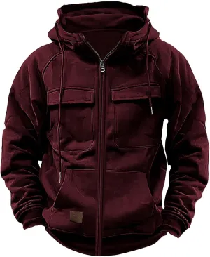 Tactical Cargo Hoodies for Men Multi Pockets Full Zip Hooded Sweatshirt Long Sleeve Drawstring Hiking Hooded Jackets