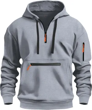 Tactical Hoodies for Men Comfy Quarter Zip Pullover with Multi Pockets Vintage Fleece Drawstring Hooded Sweatshirt