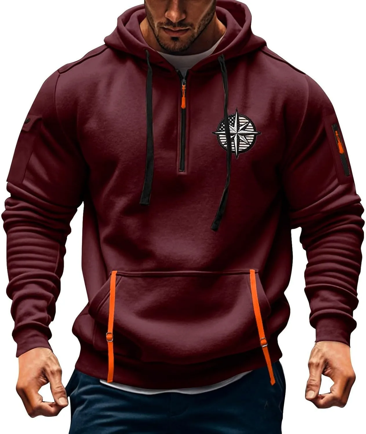 Tactical Hoodies for Men Quarter Zip Pullover Vintage Solid/Graphic Long Sleeve Workout Hoodie Sweatshirt With Pockets