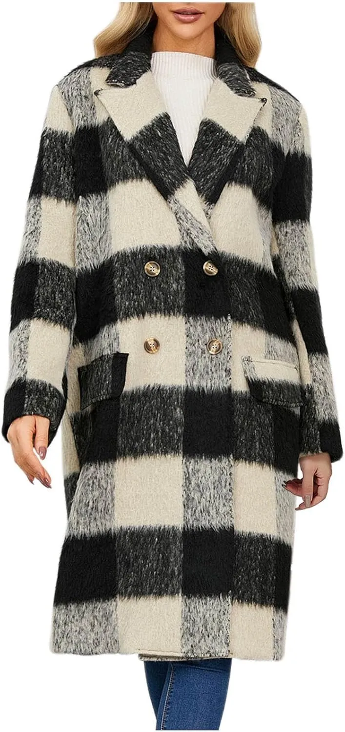 Trench Coat for Women 2024 Double Breasted Plaid Coat Wool Blend Pea Coat Vintage Trench Coat Fall Winter Outfits