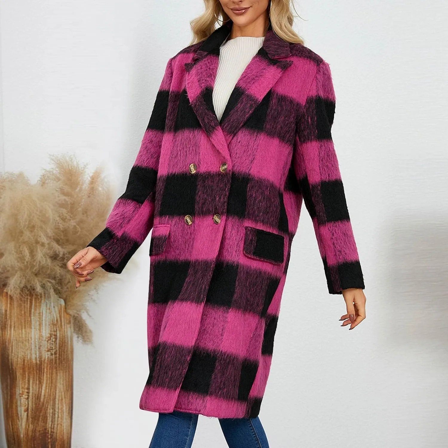 Trench Coat for Women 2024 Double Breasted Plaid Coat Wool Blend Pea Coat Vintage Trench Coat Fall Winter Outfits