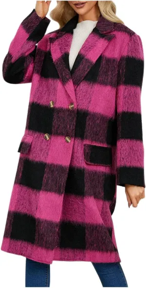 Trench Coat for Women 2024 Double Breasted Plaid Coat Wool Blend Pea Coat Vintage Trench Coat Fall Winter Outfits