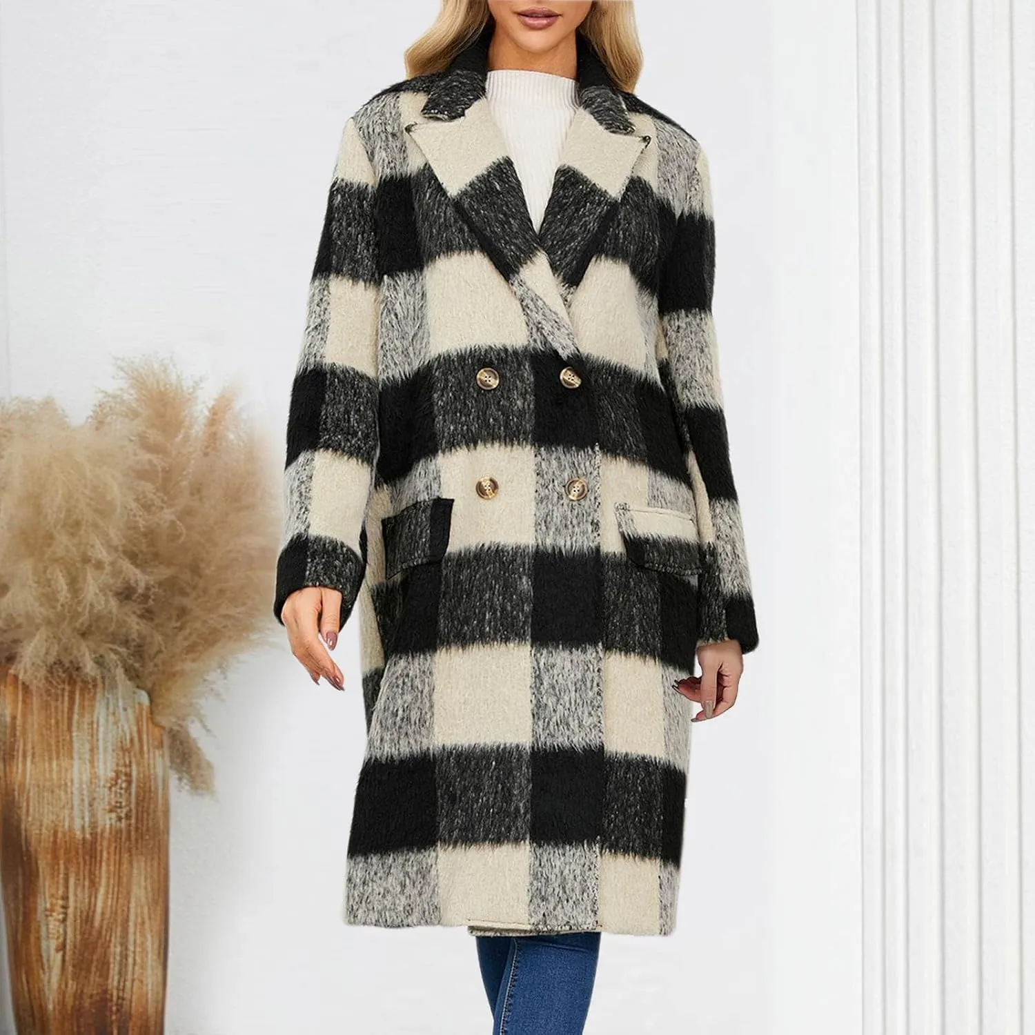 Trench Coat for Women 2024 Double Breasted Plaid Coat Wool Blend Pea Coat Vintage Trench Coat Fall Winter Outfits