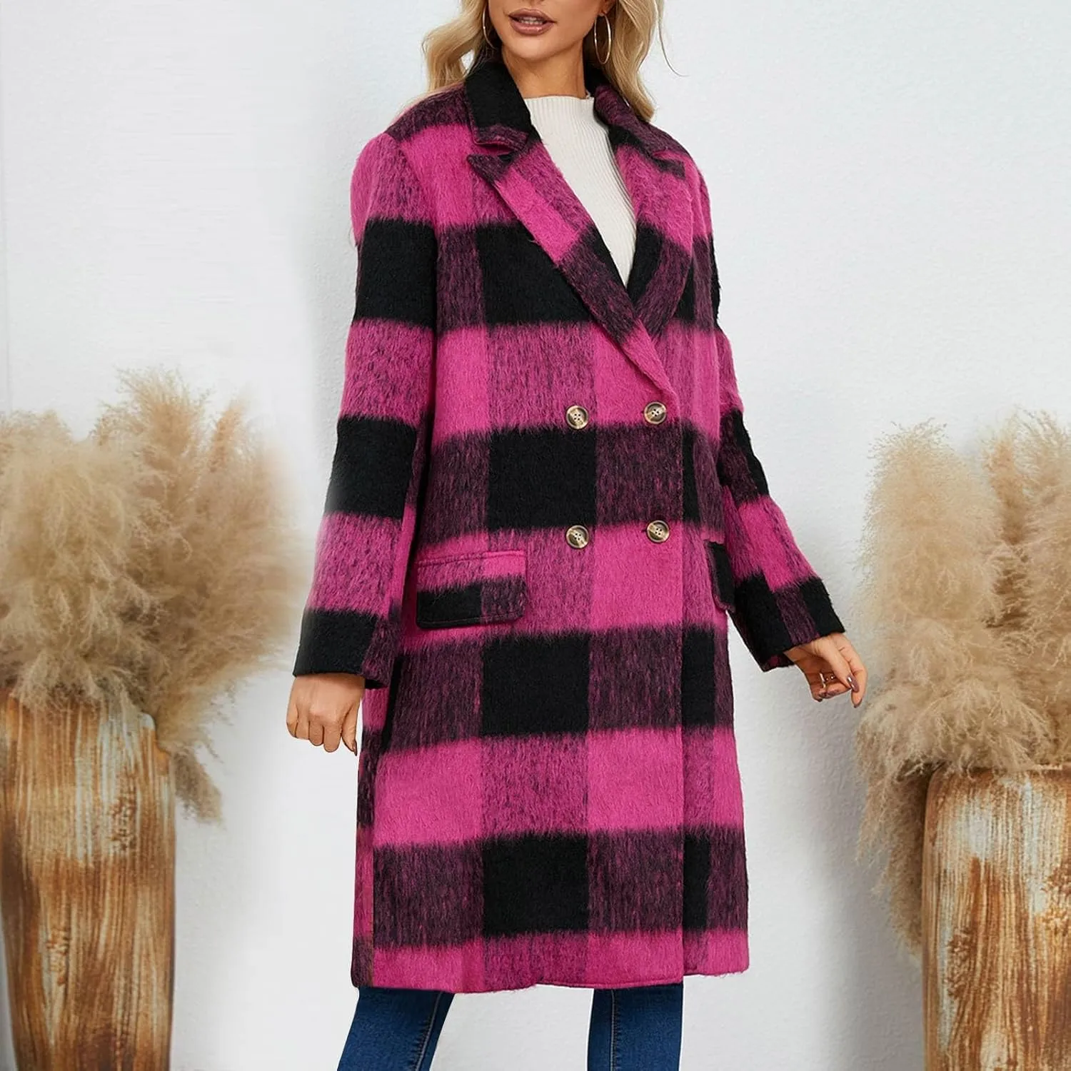 Trench Coat for Women 2024 Double Breasted Plaid Coat Wool Blend Pea Coat Vintage Trench Coat Fall Winter Outfits