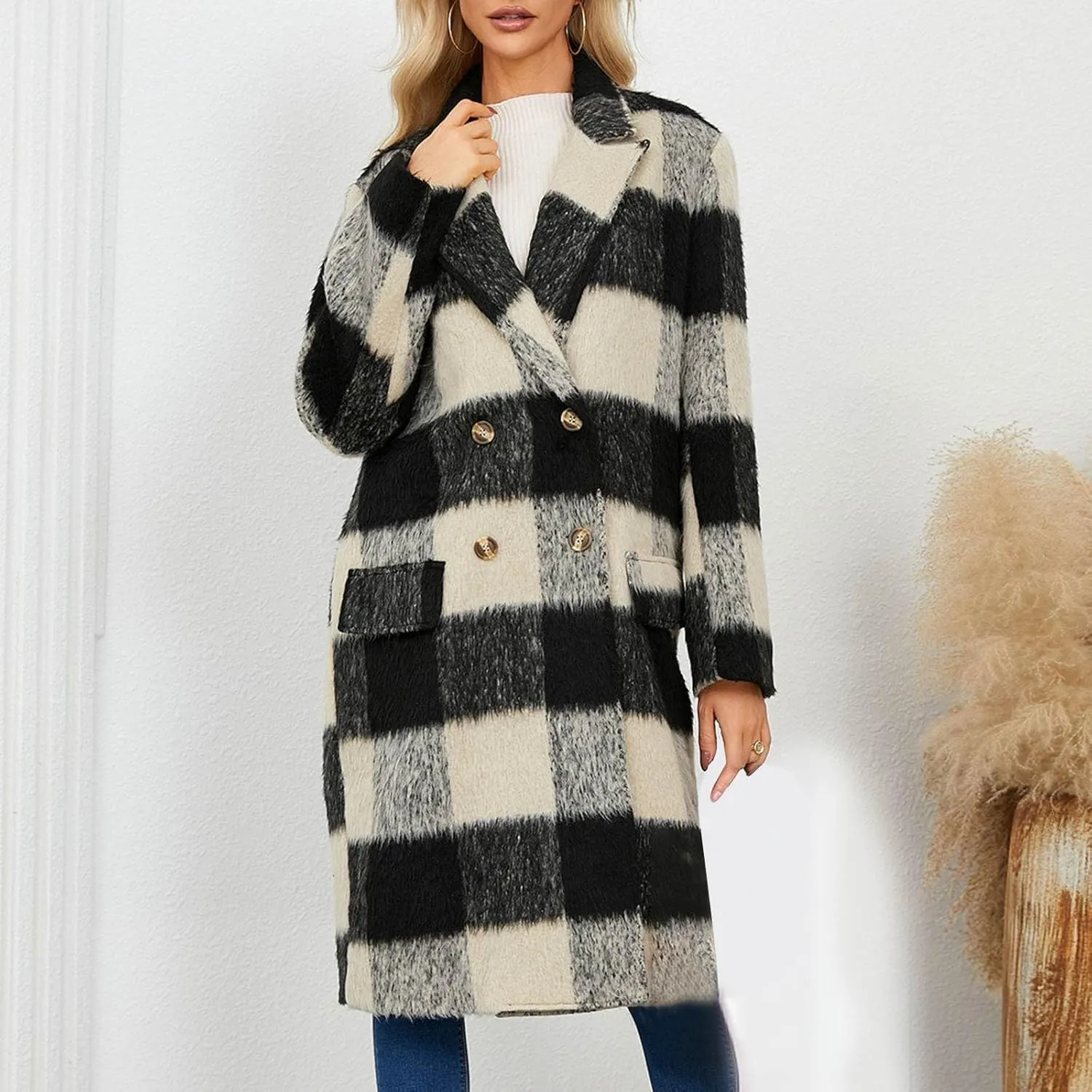 Trench Coat for Women 2024 Double Breasted Plaid Coat Wool Blend Pea Coat Vintage Trench Coat Fall Winter Outfits