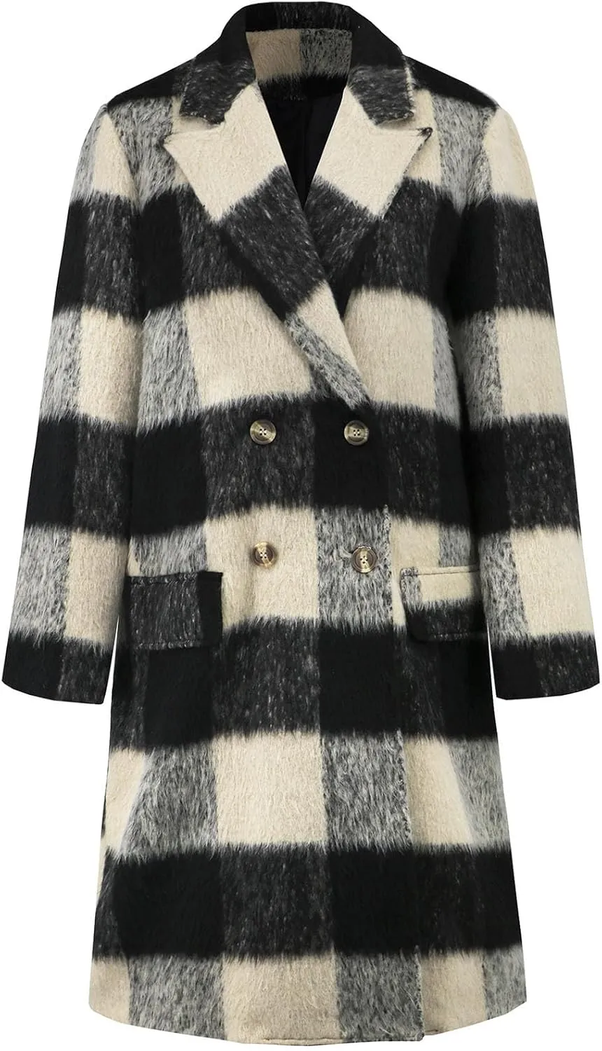 Trench Coat for Women 2024 Double Breasted Plaid Coat Wool Blend Pea Coat Vintage Trench Coat Fall Winter Outfits