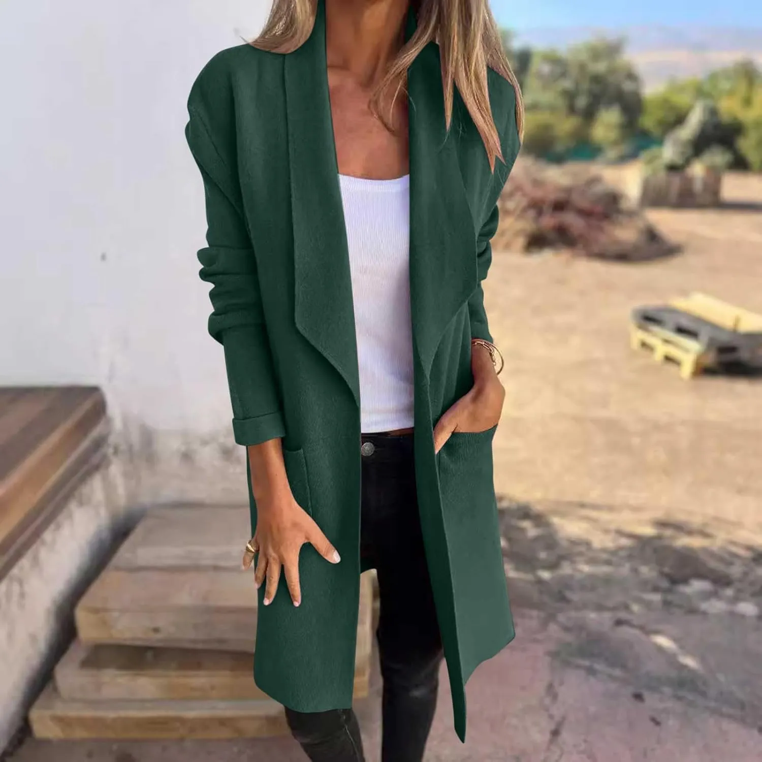 Trench Coat for Women 2024 Open Front Cardigan Lapel Pea Coat Wool Blend Long Coat Plus Size Winter Coat Casual Jackets