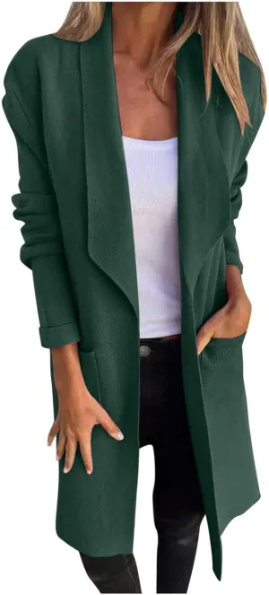 Trench Coat for Women 2024 Open Front Cardigan Lapel Pea Coat Wool Blend Long Coat Plus Size Winter Coat Casual Jackets