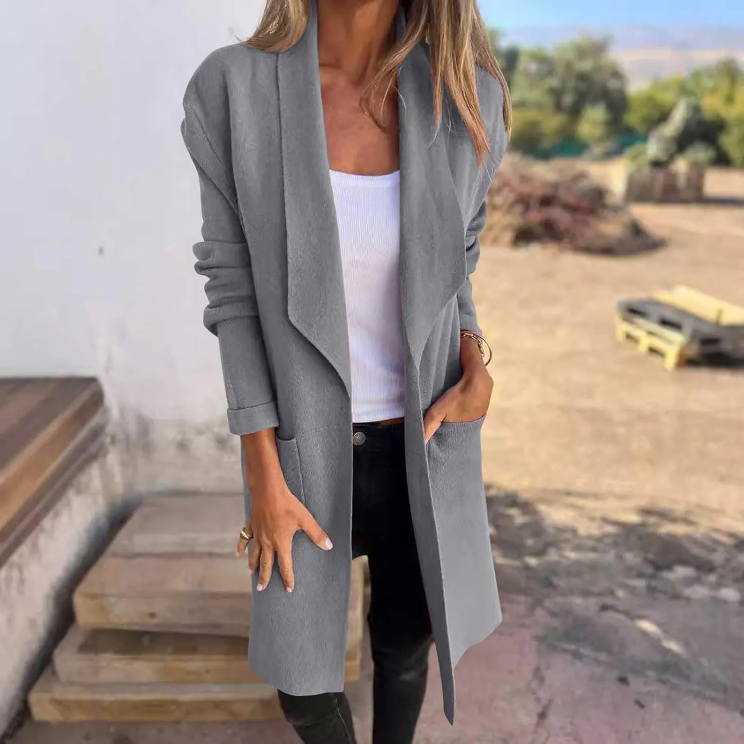 Trench Coat for Women 2024 Open Front Cardigan Lapel Pea Coat Wool Blend Long Coat Plus Size Winter Coat Casual Jackets