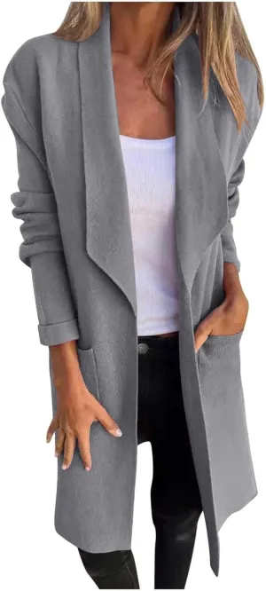 Trench Coat for Women 2024 Open Front Cardigan Lapel Pea Coat Wool Blend Long Coat Plus Size Winter Coat Casual Jackets
