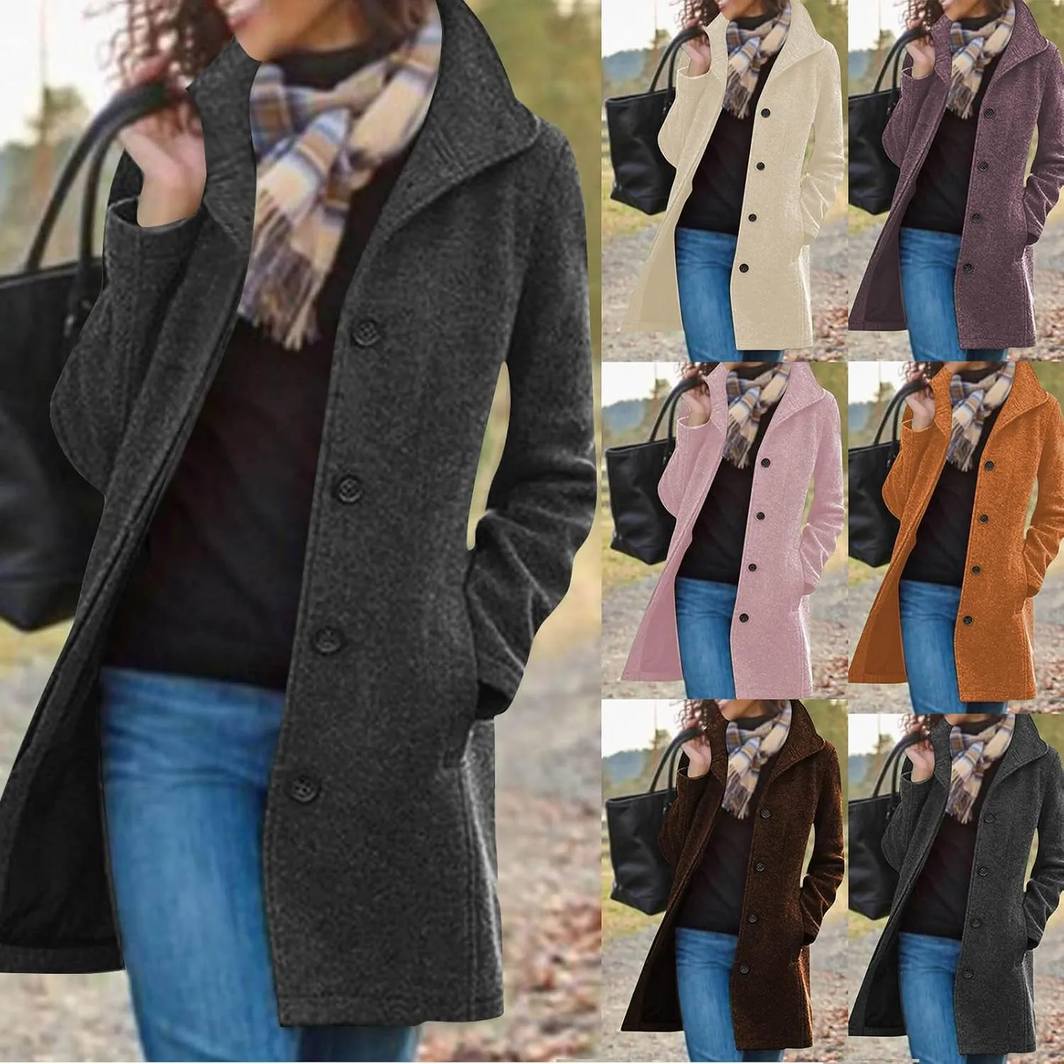 Trench Coat Women Faux Wool Single Breasted Pea Coat Mid Length Oversized Loose Long Trench Coat Dress Coat