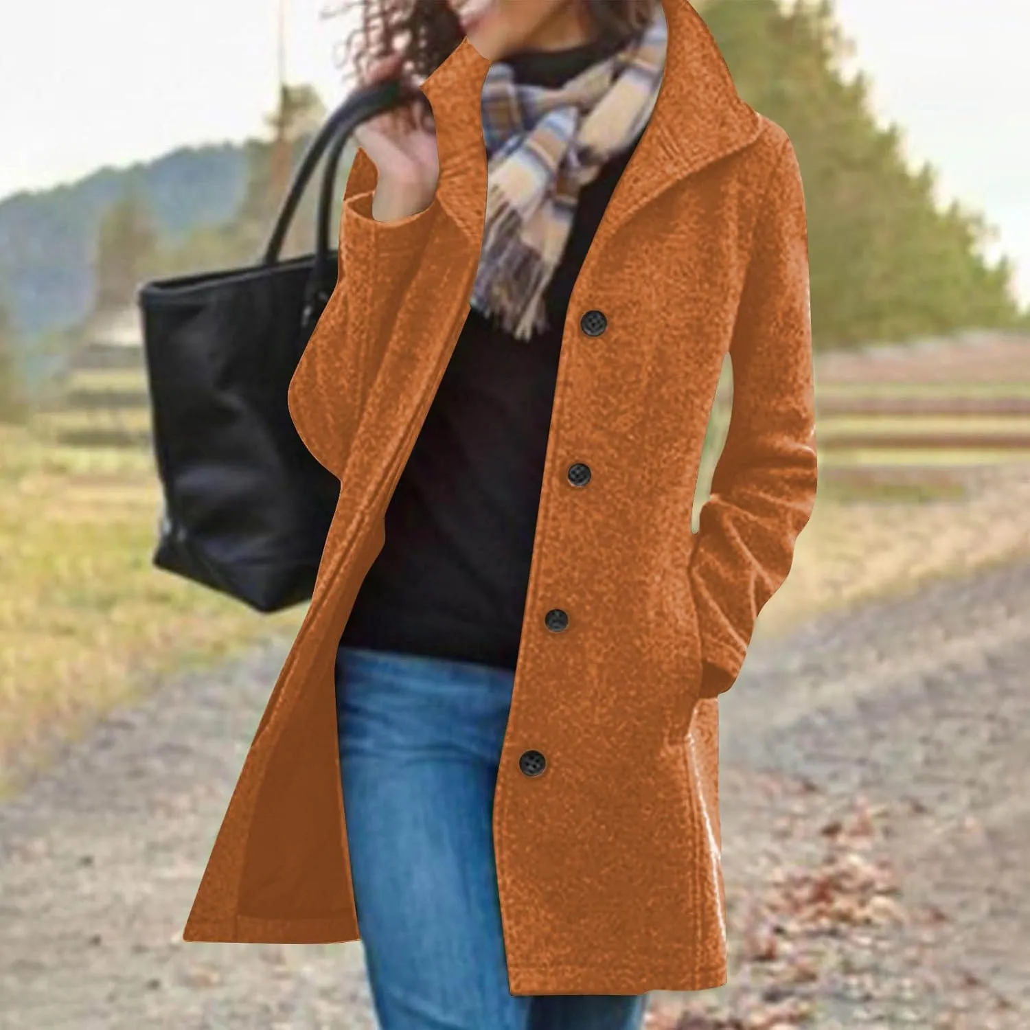 Trench Coat Women Faux Wool Single Breasted Pea Coat Mid Length Oversized Loose Long Trench Coat Dress Coat