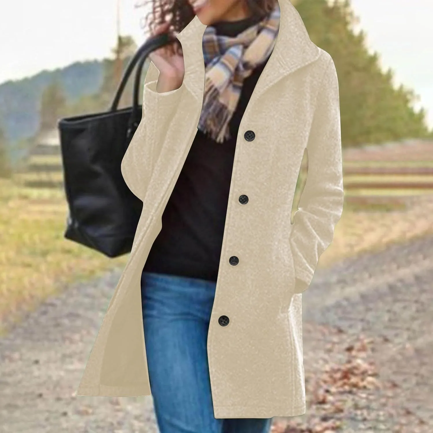 Trench Coat Women Faux Wool Single Breasted Pea Coat Mid Length Oversized Loose Long Trench Coat Dress Coat