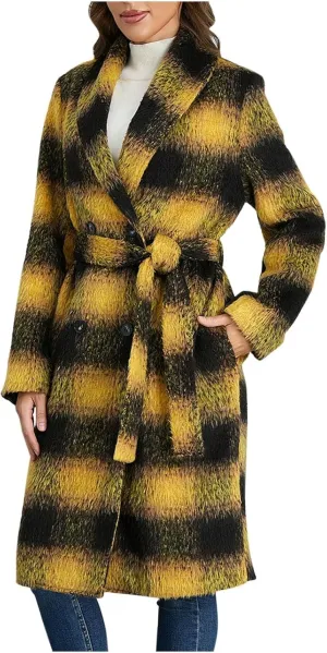 Trench Coat Women with Belt Double Breasted Plaid Coat Wool Blend Peacoat Lapel Overcoat Fashion Fall Winter Outfits