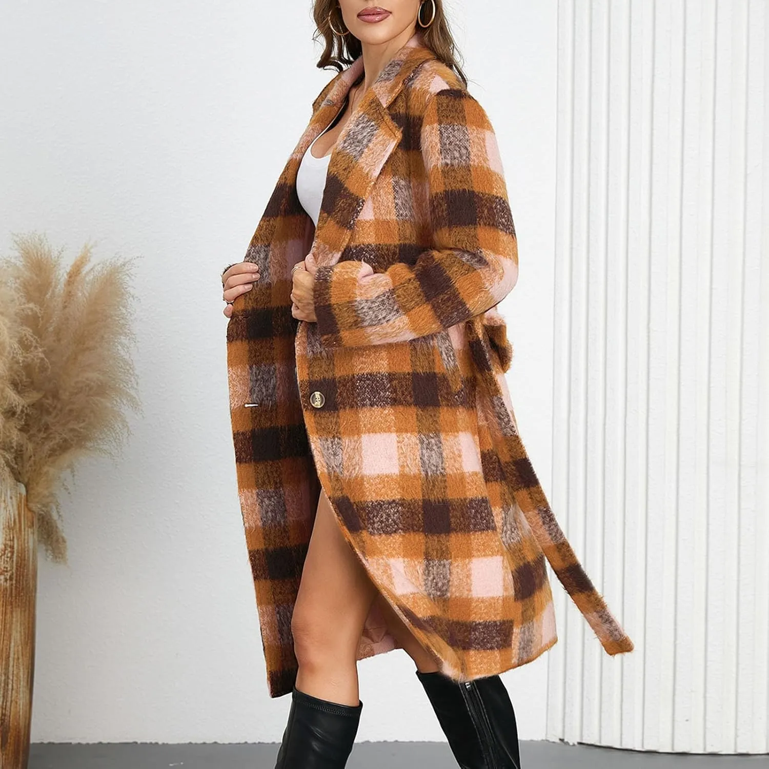 Trench Coat Women with Belt Double Breasted Plaid Coat Wool Blend Peacoat Lapel Overcoat Fashion Fall Winter Outfits