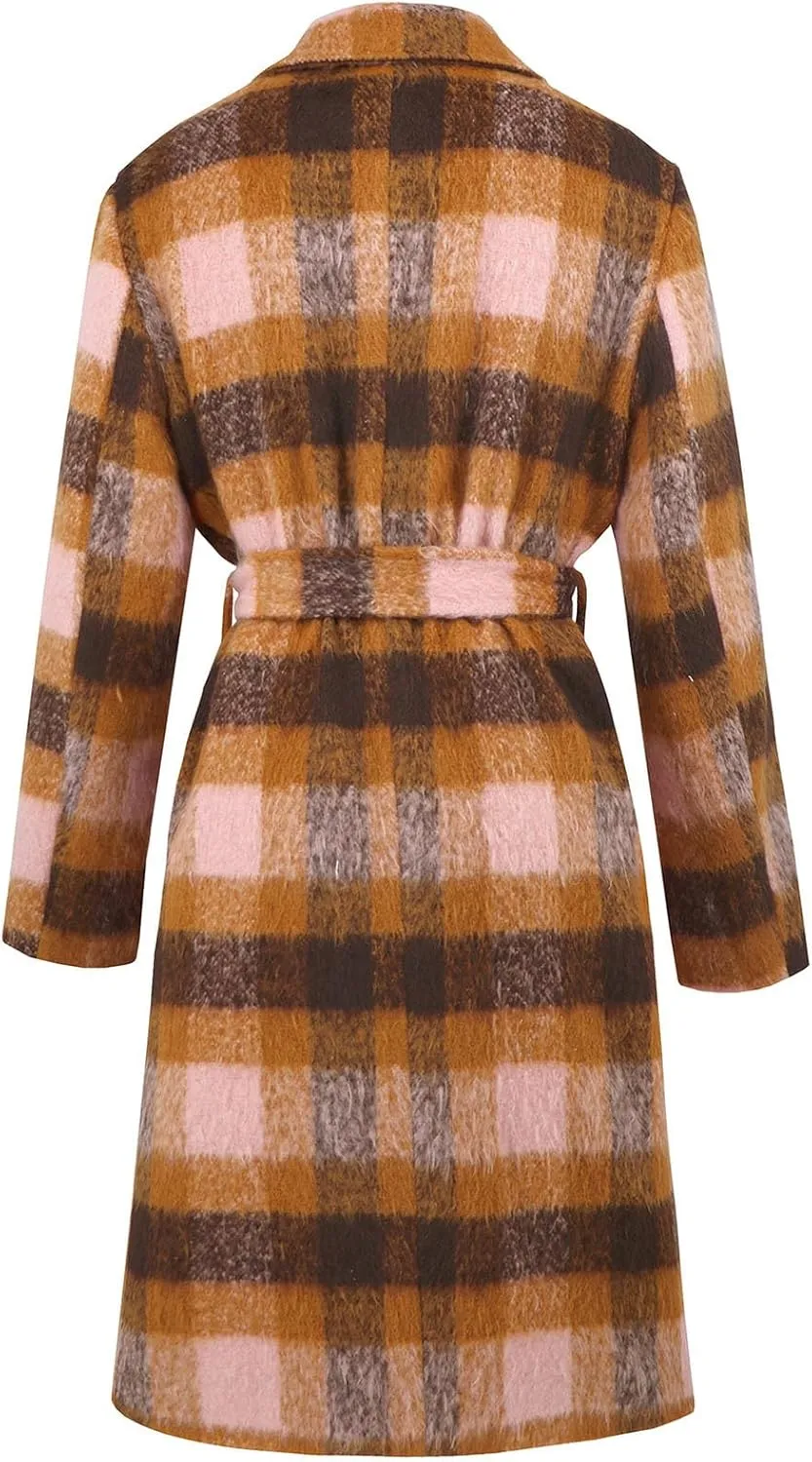 Trench Coat Women with Belt Double Breasted Plaid Coat Wool Blend Peacoat Lapel Overcoat Fashion Fall Winter Outfits