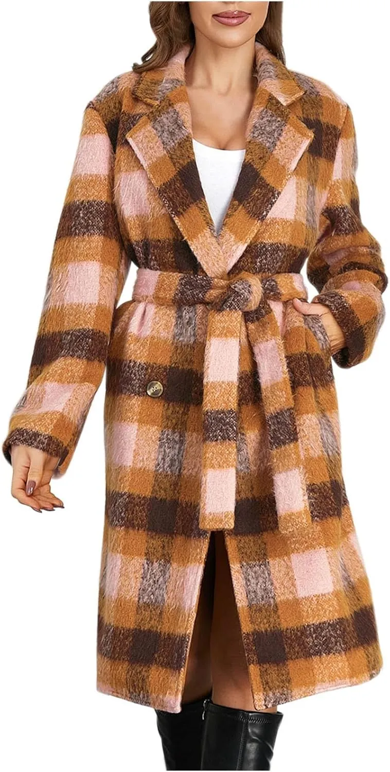 Trench Coat Women with Belt Double Breasted Plaid Coat Wool Blend Peacoat Lapel Overcoat Fashion Fall Winter Outfits
