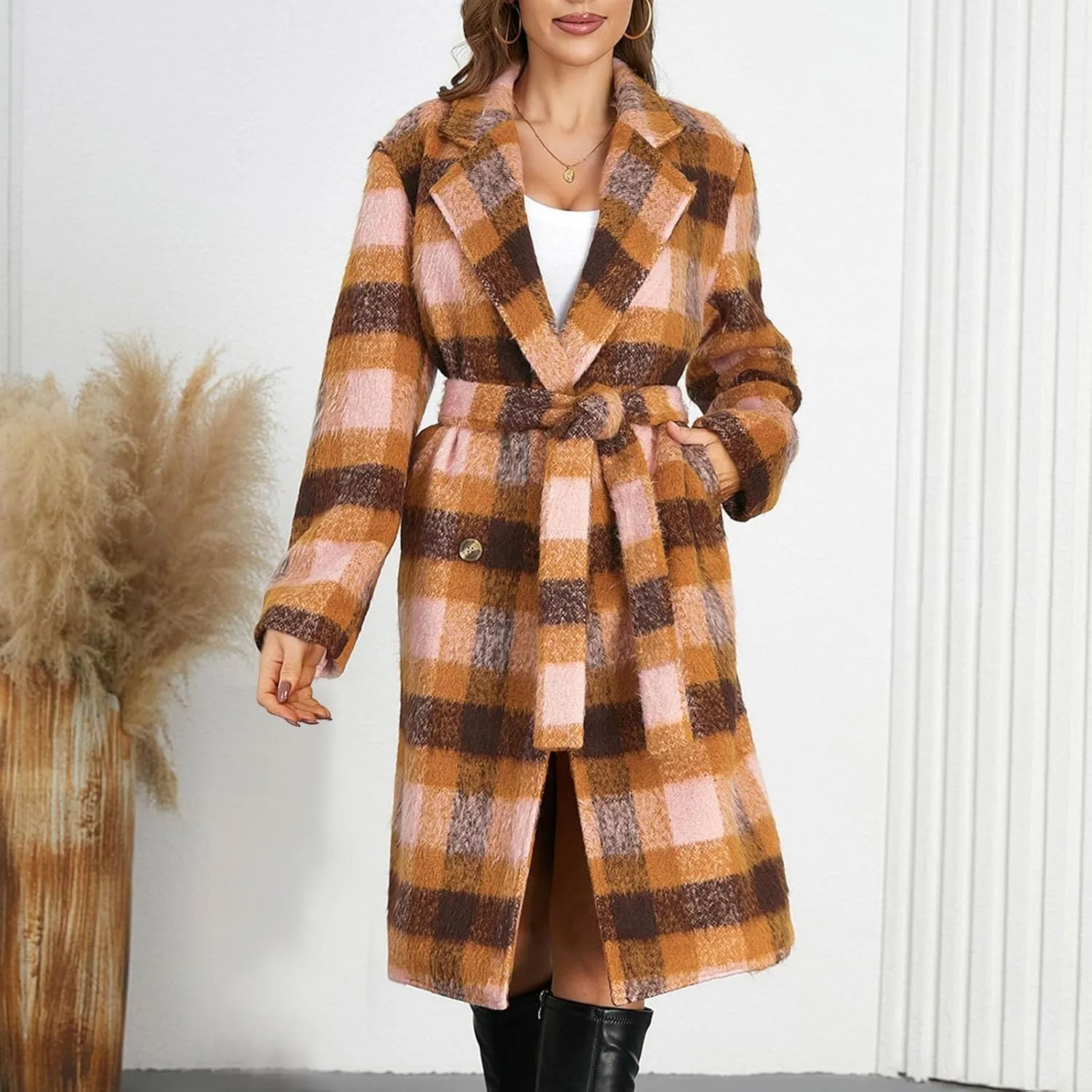Trench Coat Women with Belt Double Breasted Plaid Coat Wool Blend Peacoat Lapel Overcoat Fashion Fall Winter Outfits
